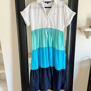 Tommy Hilfiger White and Aqua to Blue Tiered Maxi Dress